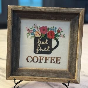 Rustic Professionally Framed Cross-stitch Picture 11” x 11” But First Coffee